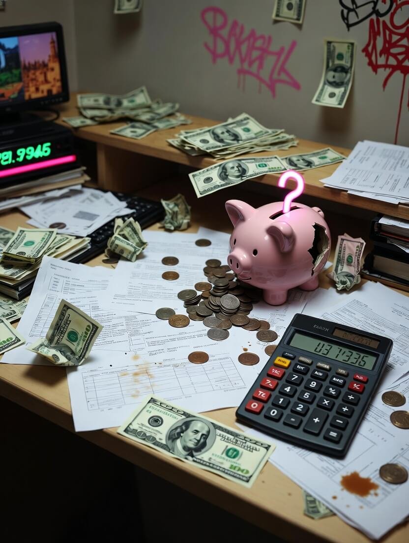 a cracked pink piggy bank with a neon pink question mark glowing out of the break, crumpled dollar bills tangled around