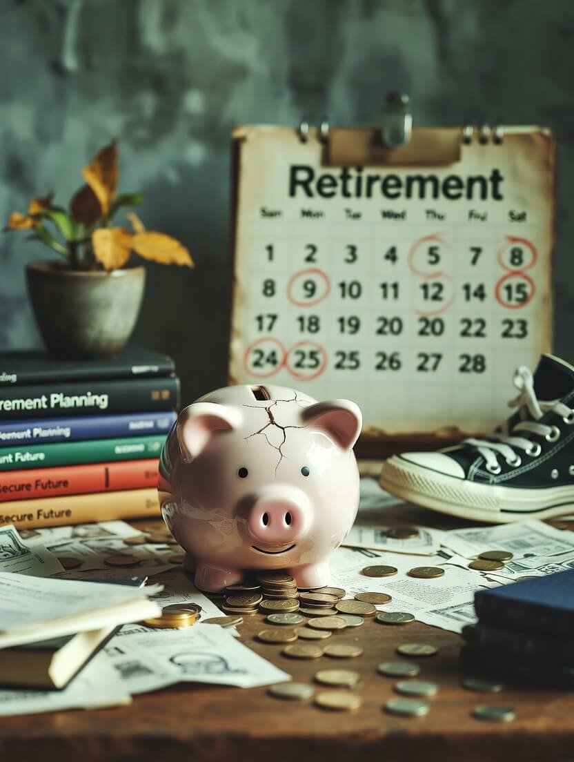 a cracked pink piggy bank leaking gold coins onto a worn wooden desk, an old wall calendar with most days after age 65