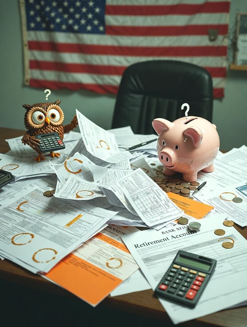 a cracked ceramic piggy bank leaking gold coins onto a messy kitchen table covered in crumpled 1099-R forms,