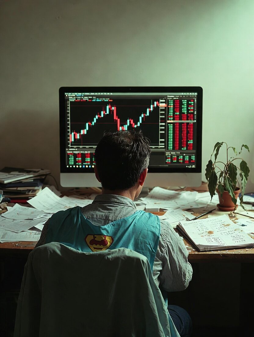 a slightly disheveled person in a hoodie sitting at a cluttered kitchen table staring nervously at glowing stock charts on a cracked laptop screen,