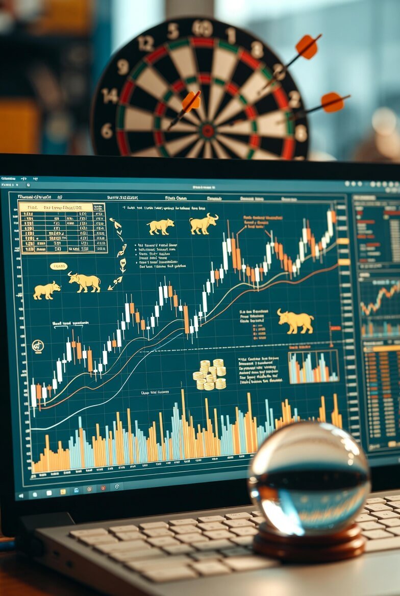 a glowing stock chart morphing into a chaotic dartboard with candlestick patterns as dart flights,