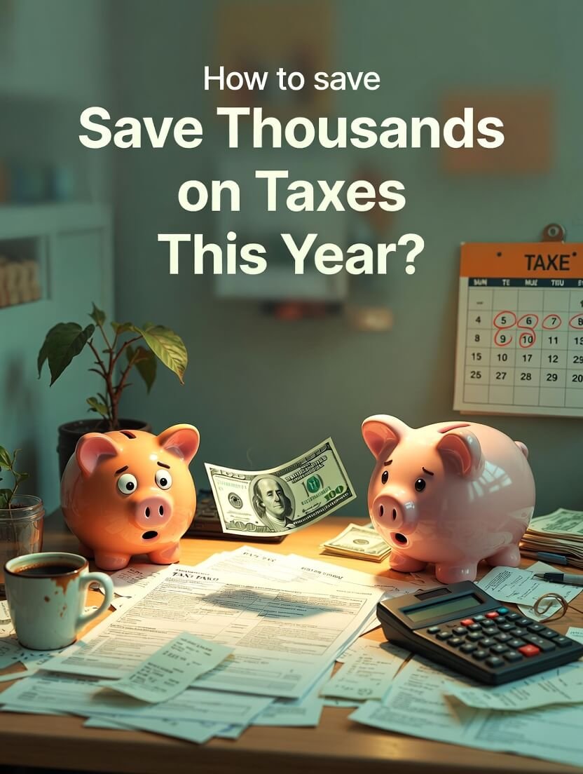 a frazzled American sitting at a kitchen table surrounded by crumpled 1040 forms, a half-eaten takeout container,