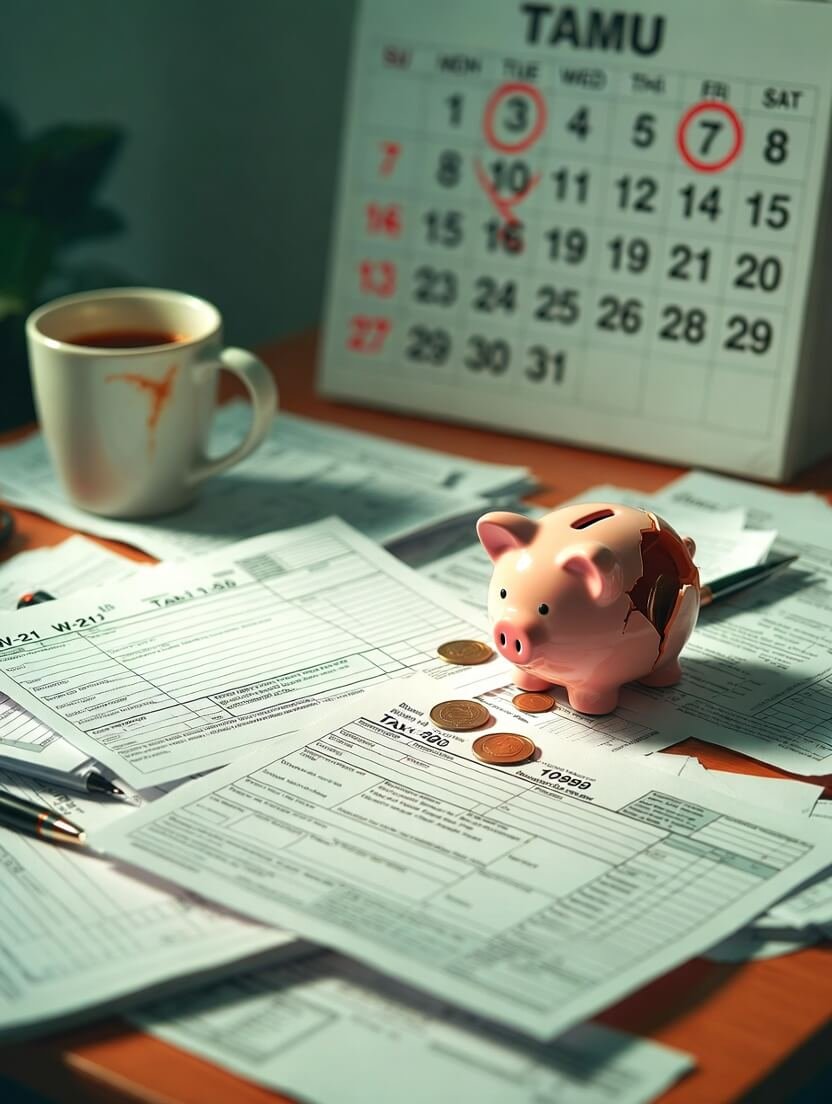a cracked pink piggy bank leaking gold coins onto a messy 2026 IRS Form 1040, a half-drunk cold brew coffee ring staining