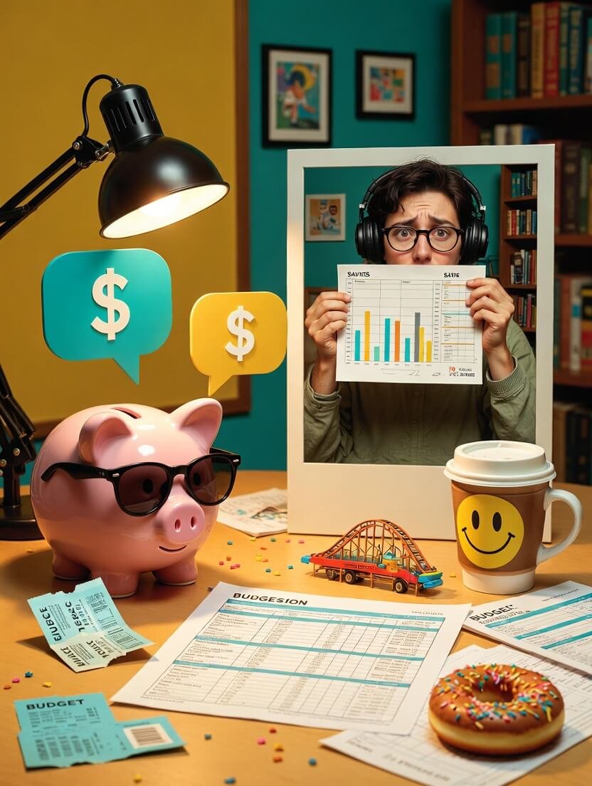 a cracked piggy bank wearing oversized black sunglasses, a crumpled rollercoaster ticket stub half-buried under coffee stains,