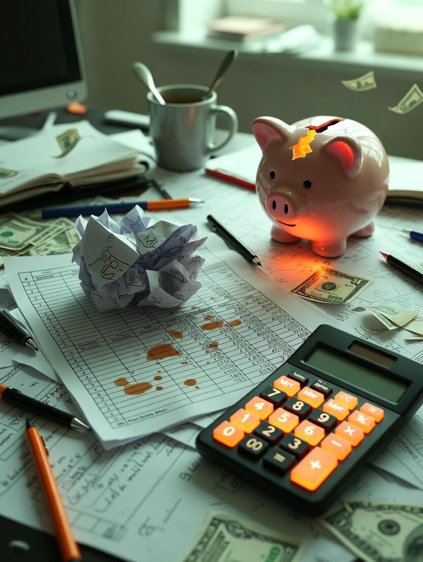 a cracked piggy bank leaking crumpled dollar bills, a half-drunk cold brew coffee staining a printed budget spreadsheet,