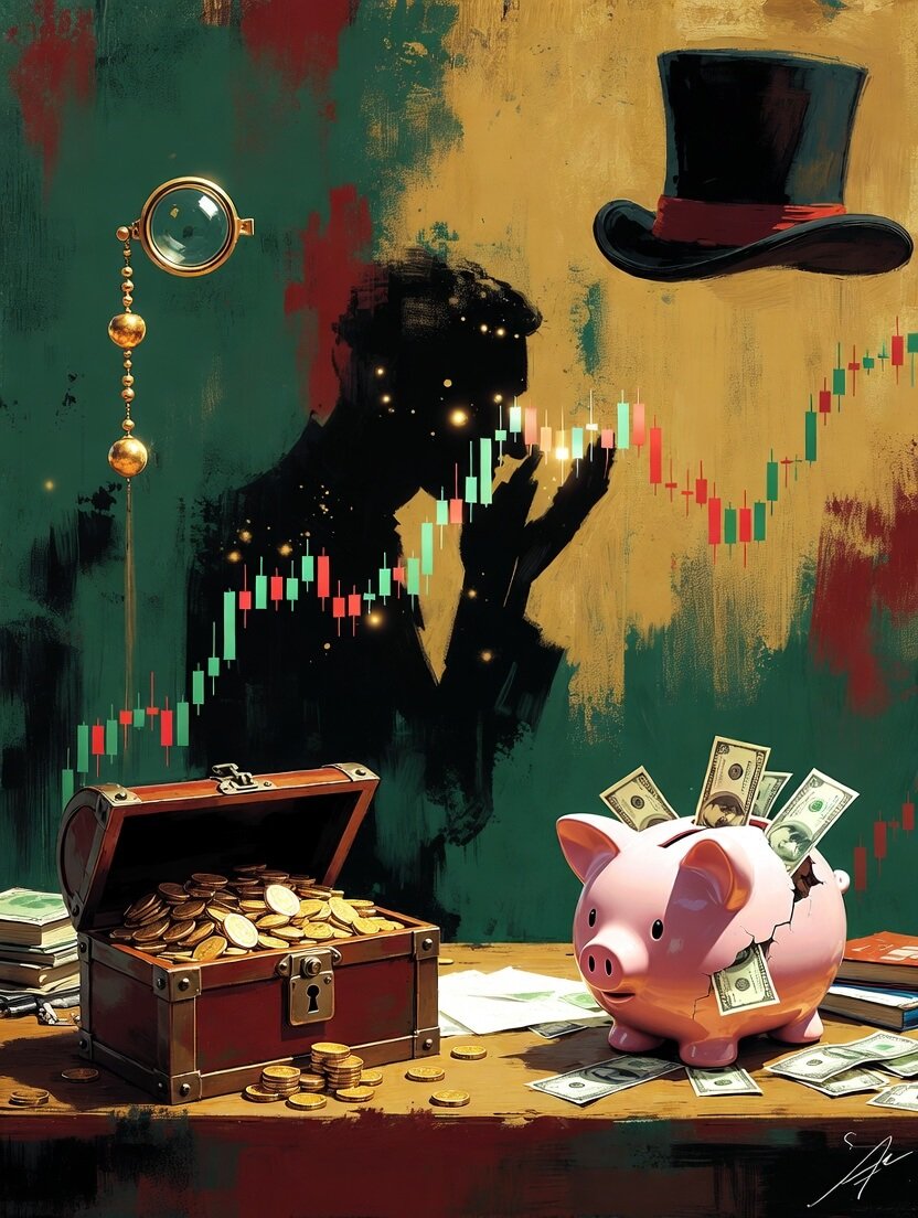 a shadowy Wall Street-type figure in a trench coat whispering into a cracked-open antique piggy bank that's leaking gold coins,