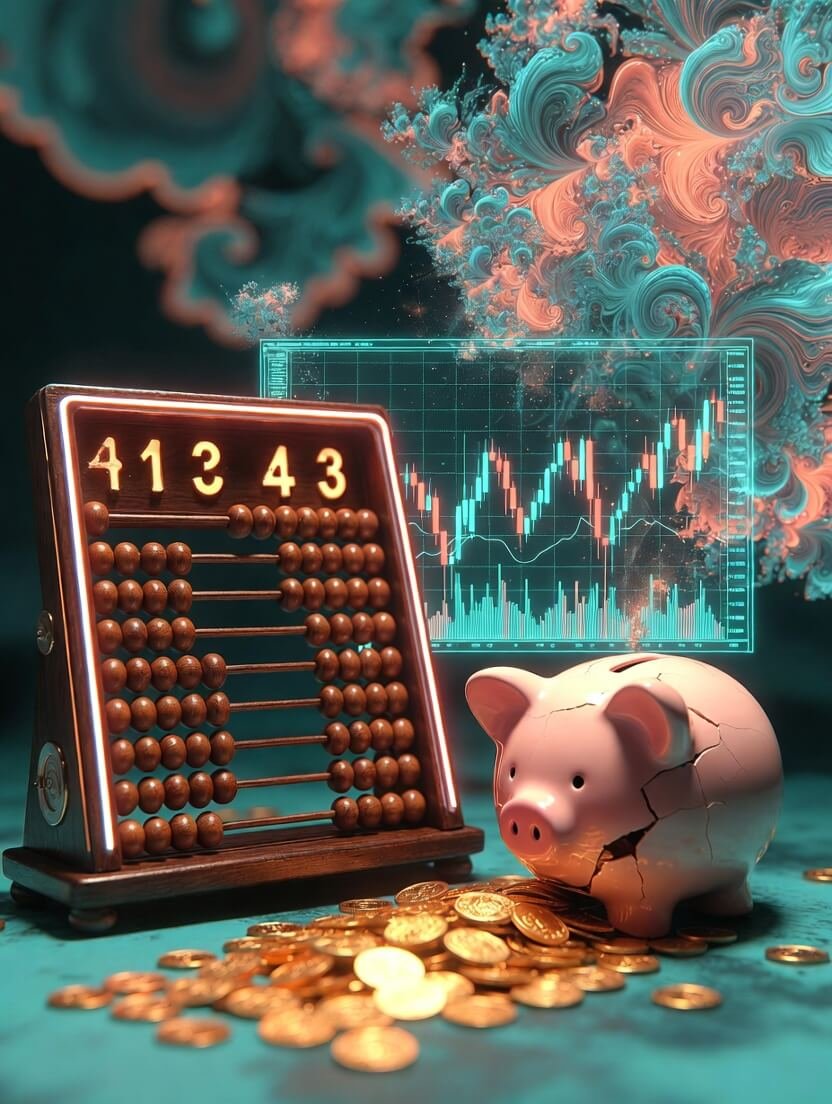 a cracked vintage piggy bank leaking gold coins onto a messy American desk littered with half-eaten Chipotle bowl,