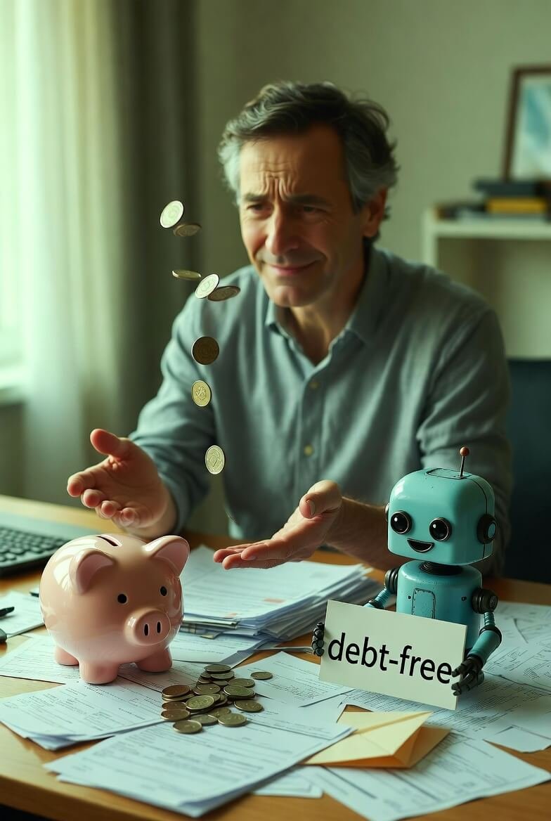 a half-shredded stack of credit card statements spilling coffee onto a scratched wooden kitchen table,