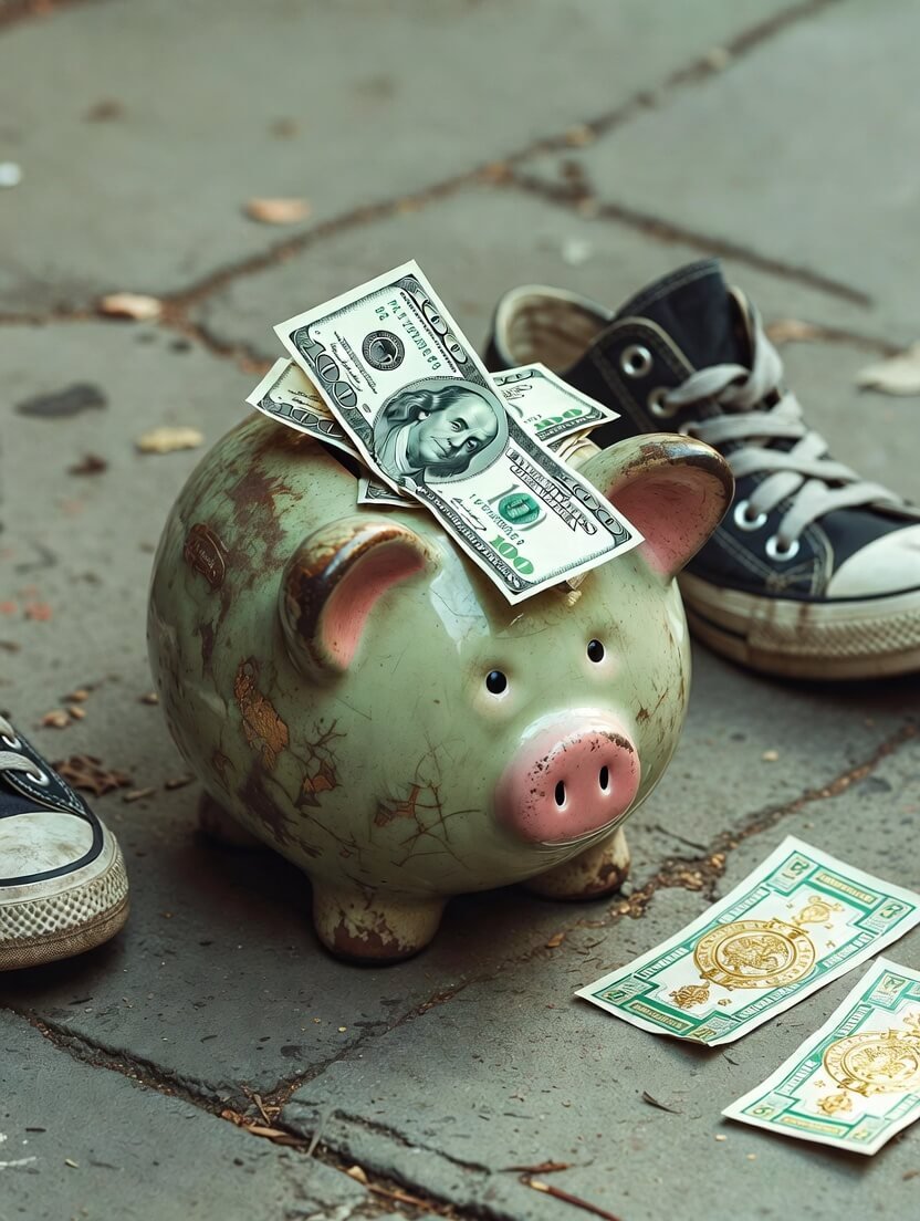 a cracked ceramic piggy bank spilling wrinkled $100 bills onto cracked sidewalk concrete next to a single beat-up Converse