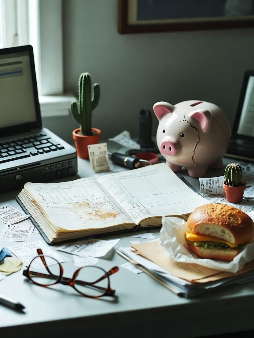 a cracked piggy bank wearing tiny reading glasses, a coffee-stained notebook filled with scribbled 401(k) numbers,