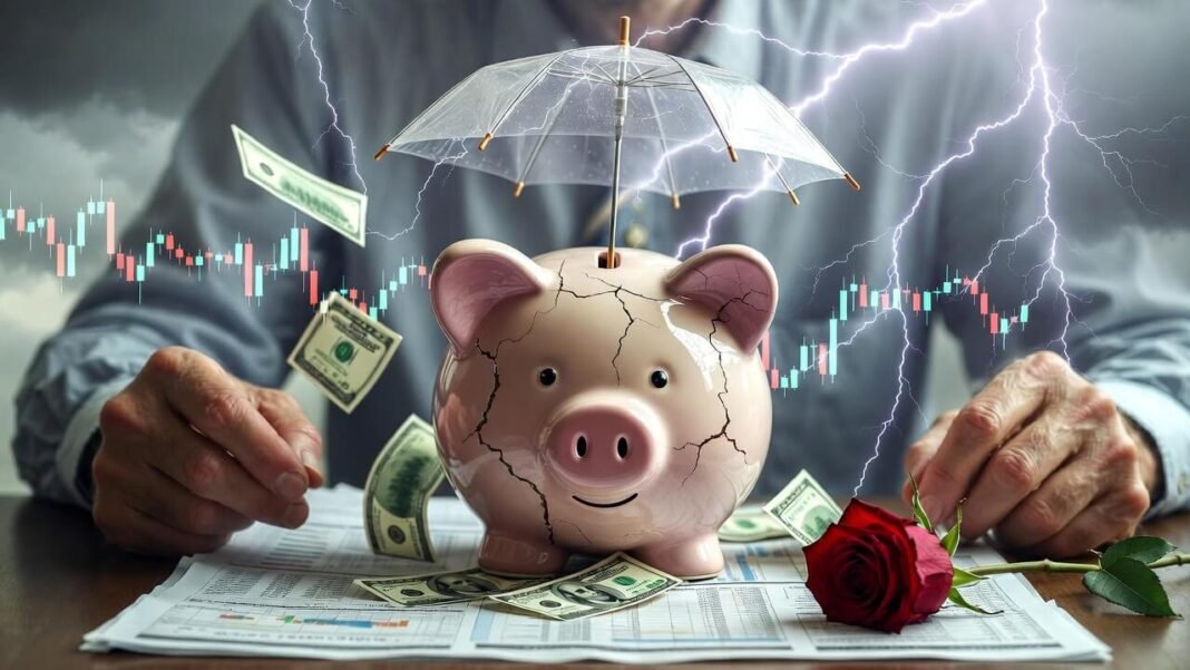 a cracked piggy bank wearing a tiny transparent raincoat, a red lightning bolt striking a glowing stock chart,
