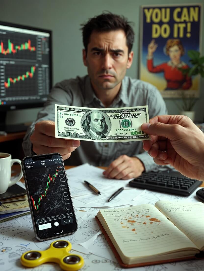 a slightly crumpled $100 bill taped to a cracked laptop screen showing a Robinhood app portfolio with one lonely green share