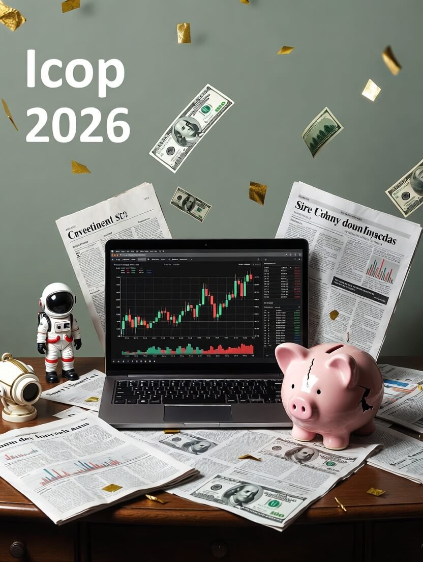 a slightly cracked pink piggy bank with a tiny astronaut figurine sitting on top, a smartphone displaying a jagged green stock chart,