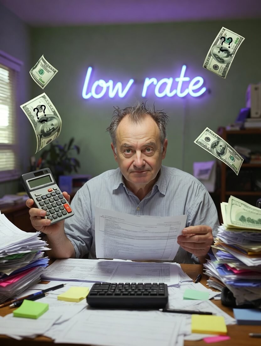 a frazzled 30-something American sitting at a cluttered kitchen table surrounded by coffee-stained credit score printouts,