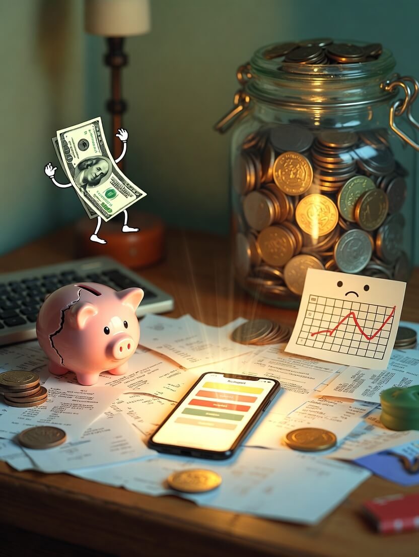 a cracked pink piggy bank leaking dollar bills onto a messy kitchen table covered in crumpled receipts,